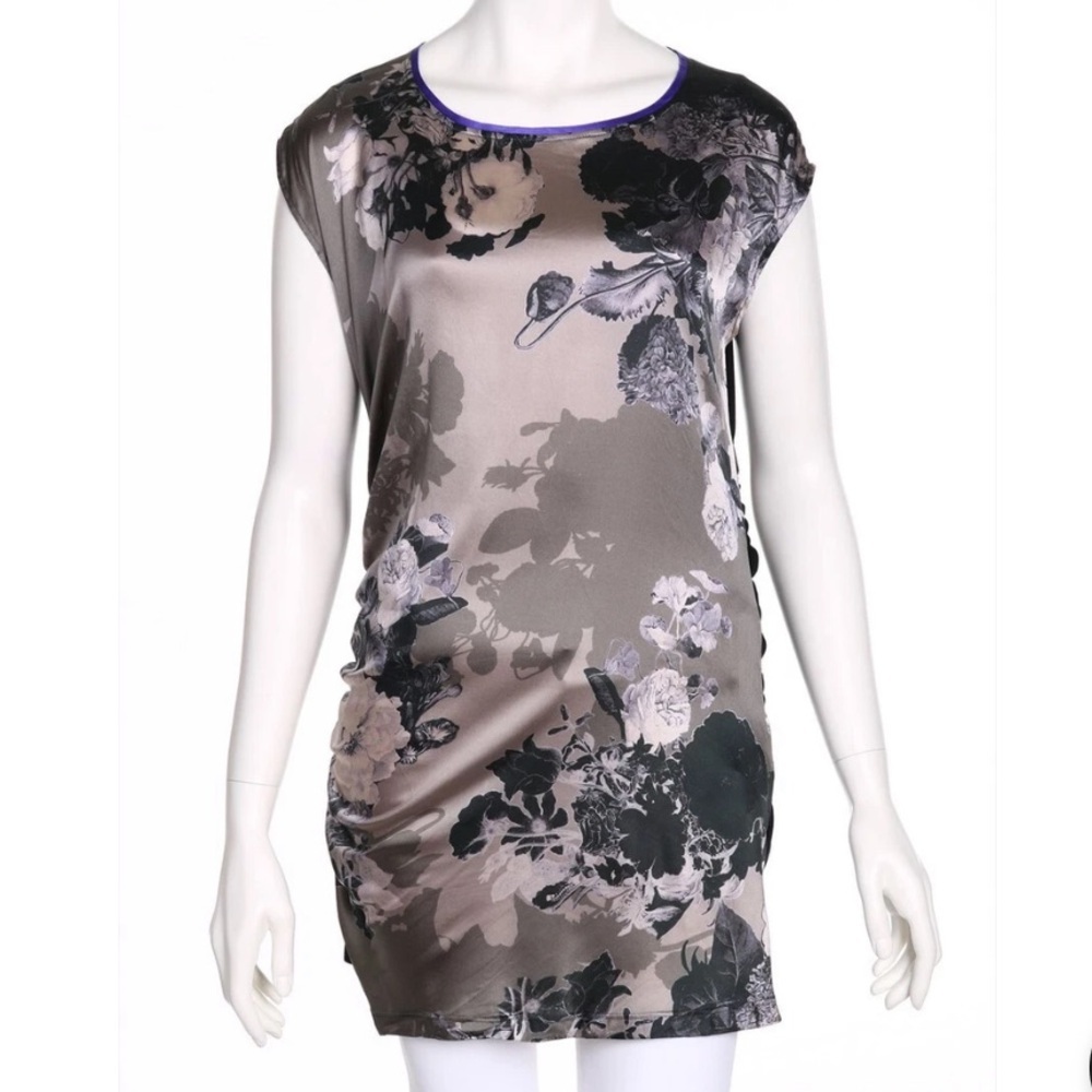 MARC CAIN Top Print Silk Black Floral Print Satin Tunic Sz N 2 = Medium